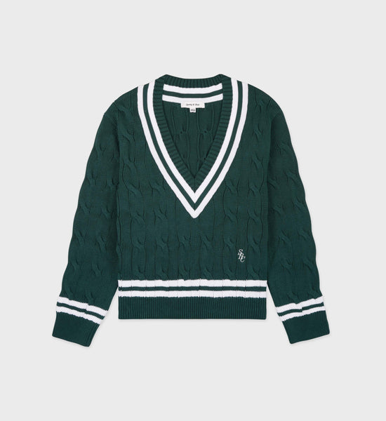 SRC Cableknit V-Neck Sweater - Forest/White